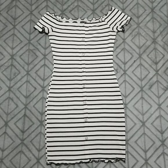 Striped Off the Shoulder Button Mini Dress - Picture 1 of 4